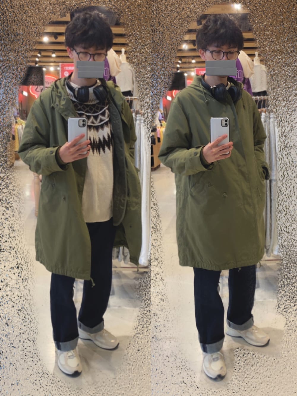 「今日のコーデ、休日コーデ、カーキ、LEVI’S、デニム、デニムパンツ、ニット、柄ニット、メガネ女子、メガネ、レトロ、おしゃれさんと繋がりたい、古着MIX、ニューバランス、スニーカー」｜「Levi'sの569(TM) ルーズストレートフィット AMA PREMIUM INDIGO（デニムパンツ、ブルー系）」を使った、HARUTOさん（メンズ・166cm）の冬コーディネートの1枚目の写真