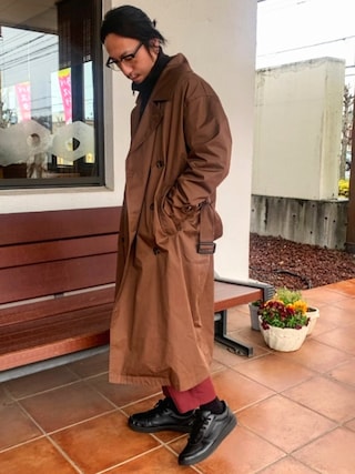 モード レザー 革 肩章 ベルト付 ロング丈 トレンチコート アウター