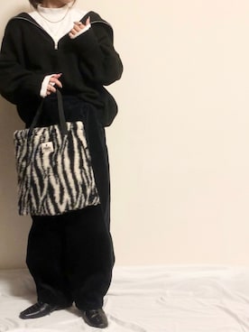 「Auntie Rosa Holiday（アンティローザホリデー）のバルーンスリーブハーフZIPニット（ニット/セーター）」を使った、ayuMi◡̈さん（レディース・152cm）の秋コーディネート