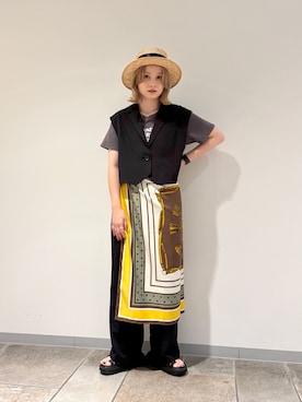 「Chapeau d' O（シャポードオー）のChapeau d' O  Satin Ribbon Bao Canotier / シャポードオー（ハット、ブラック系）」を使った、チャコさん（レディース・157cm）の夏コーディネート