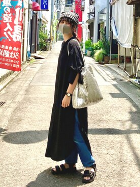 「AS KNOW AS PINKY（アズノゥアズピンキー）のアイテム（シャツワンピース）」を使った、チャコさん（レディース・156cm）の夏コーディネート