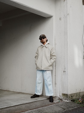 「ワークパンツ」｜「アイテム（ライダースジャケット）」を使った、yamazakiさん（メンズ・170cm）の冬コーディネート