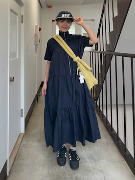 「elldu（エルドゥ）のポケットキャンプキャップネイビー/ベージュ（キャップ、その他）」を使った、Riiさん（レディース・157cm）の夏コーディネート