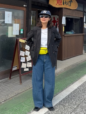 「PARTIMENTO（パルティメント）のアイテム（帽子、ブルー系）」を使った、Riiさん（レディース・157cm）の秋コーディネート