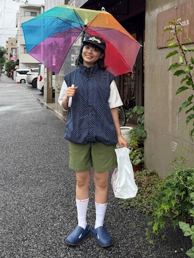 「CIAOPANIC TYPY（チャオパニックティピー）の【WEB限定】【ユニセックス】撥水ドロストナイロンベスト（ベスト、ブルー系）」を使った、Riiさん（レディース・157cm）の夏コーディネート