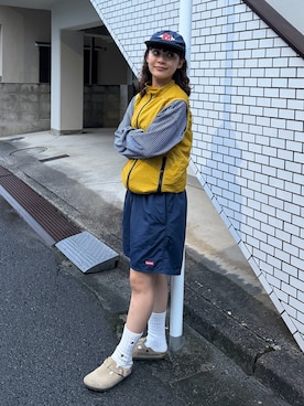 「FFEIN（フェイン）の＊新色追加【FFEIN(フェイン)】 ロゴ刺繍マルチボーダーロングスリーブTシャツ / ロンT リンガー 配色 ボーダー 刺繍 ブランドロゴ 長袖 クルーネック（Tシャツ/カットソー、ブルー系）」を使った、Riiさん（レディース・157cm）の秋コーディネート