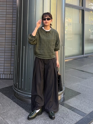 「Elanque(エランク)のSheep Embroidery Knit Polo / ヒツジ柄編みニットポロ(ニット/セーター)」を使った、Riiさん(レディース・157cm)の秋コーディネート