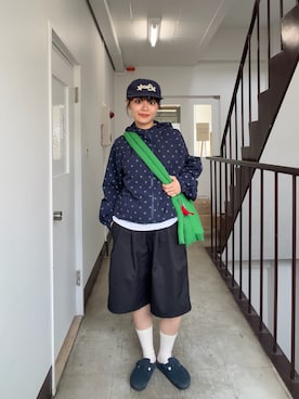 「SOLEAのアイテム（帽子、ブルー系）」を使った、Riiさん（レディース・157cm）の春コーディネート