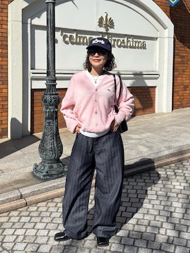 「LACOSTE（ラコステ）のオーガニックコットンニットカーディガン（ニット/セーター、ピンク系）」を使った、Riiさん（レディース・157cm）の春コーディネート