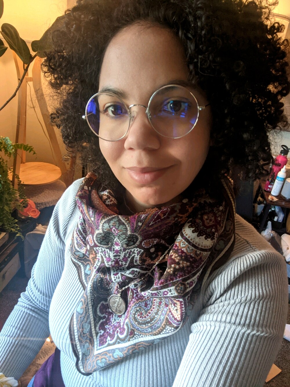 「vintage、70's、scarf」｜「ADRIENNE VITTADINIのアイテム（マフラー、パープル系）」を使った、jandrixさん（レディース・163cm）の秋コーディネートの1枚目の写真