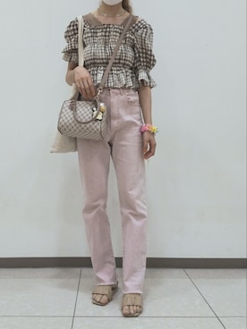 「Heather（ヘザー）のチェックコットンスクエアブラウス【SETUP対応】　958861（シャツ/ブラウス）」を使った、asuka_423711さん（レディース・158cm）の秋コーディネート