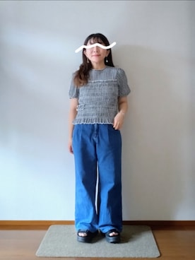 「UNIQLO（ユニクロ）のシャーリングボリュームスリーブT　L（Tシャツ/カットソー、ホワイト系）」を使った、もちいりかさん（レディース・148cm）の夏コーディネート