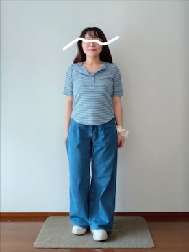「KBF（ケイビーエフ）のワッフルボーダーヘンリネックTEE（Tシャツ/カットソー、ブルー系）」を使った、もちいりかさん（レディース・148cm）の夏コーディネート