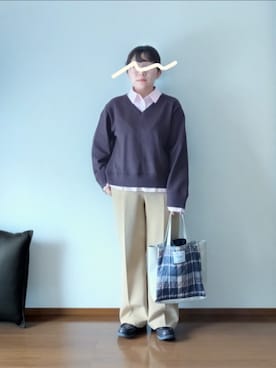 「DISCOAT（ディスコート）の【簡単におしゃれが叶う♪】シャツレイヤードプルオーバー（ニット/セーター、ブラウン系）」を使った、もちいりかさん（レディース・148cm）の春コーディネート