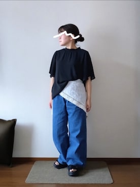 「BEAMS HEART（ビームスハート）のBEAMS HEART / 楊柳 ハイネック プルオーバー（シャツ/ブラウス、ブラック系）」を使った、もちいりかさん（レディース・148cm）の夏コーディネート
