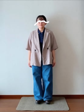 「zena（ジェナ）のリネンライクハーフスリーブジャケット（テーラードジャケット、ベージュ系）」を使った、もちいりかさん（レディース・148cm）の秋コーディネート