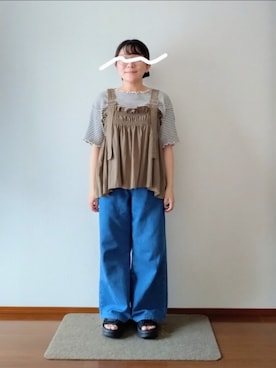 「KBF（ケイビーエフ）のフリルギャザービスチェ（その他トップス、グリーン系）」を使った、もちいりかさん（レディース・148cm）の夏コーディネート