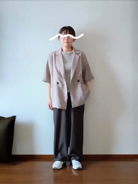 「zena（ジェナ）のリネンライクハーフスリーブジャケット（テーラードジャケット、ベージュ系）」を使った、もちいりかさん（レディース・148cm）の春コーディネート