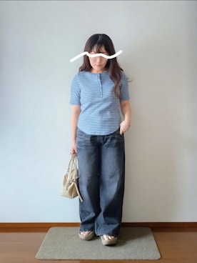 「KBF（ケイビーエフ）のワッフルボーダーヘンリネックTEE（Tシャツ/カットソー、ブルー系）」を使った、もちいりかさん（レディース・148cm）の夏コーディネート