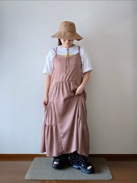 「earth music&ecology（アースミュージックアンドエコロジー）のサテンティアードワンピース ＊テラコッタ（ワンピース、ブラウン系）」を使った、もちいりかさん（レディース・148cm）の夏コーディネート