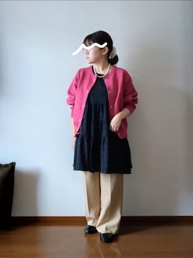 「callautia（カラウティア）のシアーチェックティアードチュニック（チュニック、ブラック系）」を使った、もちいりかさん（レディース・148cm）の春コーディネート