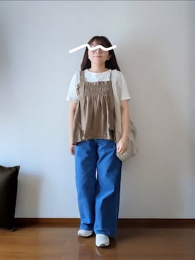 「KBF（ケイビーエフ）のフリルギャザービスチェ（その他トップス、グリーン系）」を使った、もちいりかさん（レディース・148cm）の春コーディネート