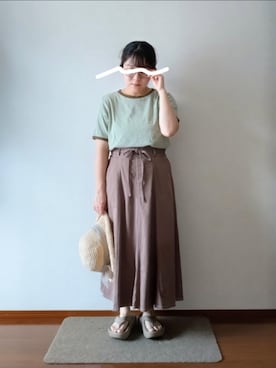 「DISCOAT（ディスコート）の【WEB限定】リンガーシアーボーダー半袖Tシャツ（Tシャツ/カットソー、グリーン系）」を使った、もちいりかさん（レディース・148cm）の夏コーディネート
