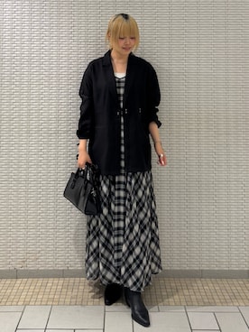 「KBF（ケイビーエフ）のチェックプリーツキャミワンピース（ワンピース、ブラック系）」を使った、ohanasannさん（レディース・166cm）の春コーディネート
