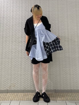 「KBF（ケイビーエフ）のヘムタックパッチワークミニキャミワンピース（ワンピース、ブルー系）」を使った、ohanasannさん（レディース・166cm）の夏コーディネート