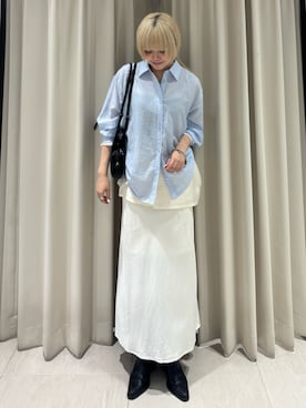「KBF（ケイビーエフ）のシアーストライプレイヤードシャツ（シャツ/ブラウス、ブルー系）」を使った、ohanasannさん（レディース・166cm）の秋コーディネート