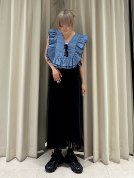 「KBF（ケイビーエフ）の2WAYバイカラーフリルブラウス（シャツ/ブラウス、ブルー系）」を使った、ohanasannさん（レディース・166cm）の春コーディネート