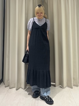 「KBF（ケイビーエフ）のマジョリカプリーツチェックキャミワンピース（ワンピース、ブラック系）」を使った、ohanasannさん（レディース・166cm）の夏コーディネート