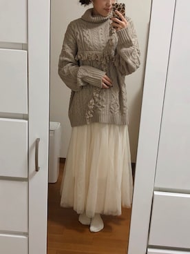 「fifth（フィフス）の[低身長サイズ有]チュールロングスカート（スカート）」を使った、saaaya_codeさん（レディース・161cm）の秋コーディネート