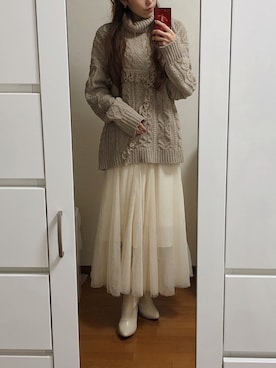 「fifth（フィフス）の[低身長サイズ有]チュールロングスカート（スカート）」を使った、saaaya_codeさん（レディース・161cm）の冬コーディネート