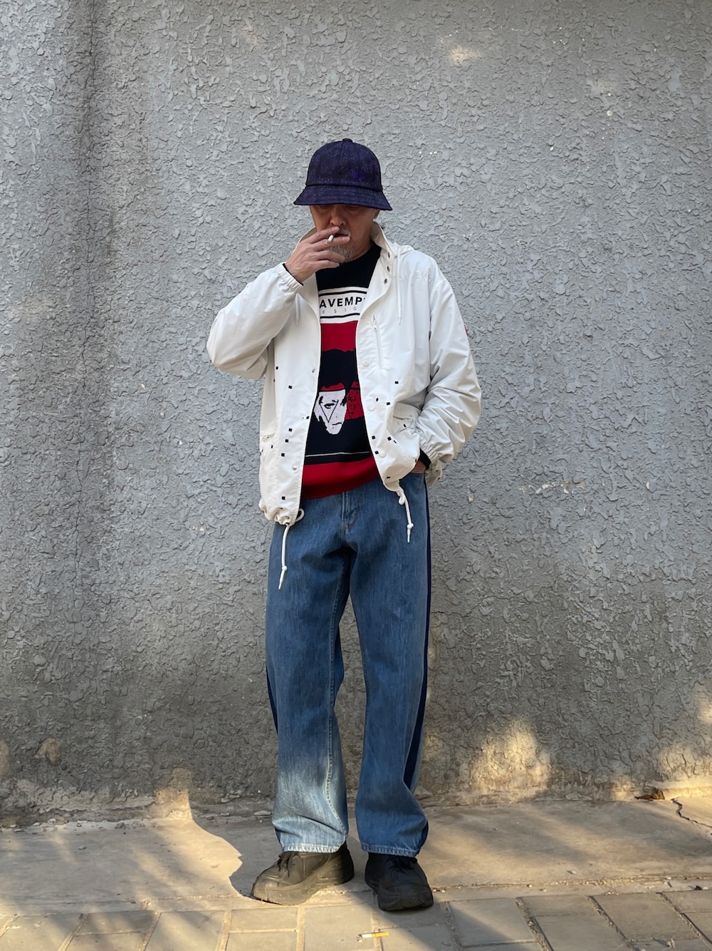 「ootd」｜「Needlesのアイテム（キャップ、パープル系）」を使った、Kimさん（メンズ・171cm）の冬コーディネートの1枚目の写真