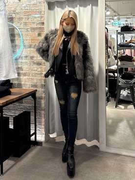 「アイテム（ライダースジャケット）」を使った、yunaさん（レディース・156cm）の冬コーディネート