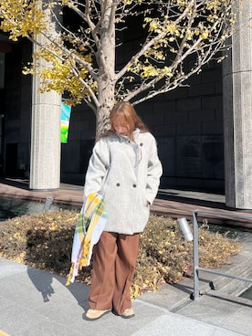 「スラックスパンツ」｜「アイテム（ステンカラーコート）」を使った、akariさん（レディース・157cm）の冬コーディネート