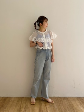 「w closet（ダブルクローゼット）の脇切り替えデニムパンツ（デニムパンツ、ブルー系）」を使った、washikitaさん（レディース・153cm）の夏コーディネート