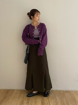 「w closet（ダブルクローゼット）のスエットクルーショートカーディガン（カーディガン/ボレロ、パープル系）」を使った、washikitaさん（レディース・153cm）の秋コーディネート