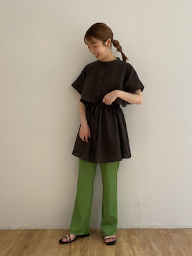 「w closet（ダブルクローゼット）のケープドロストシャツ（シャツ/ブラウス、ブラウン系）」を使った、washikitaさん（レディース・153cm）の夏コーディネート