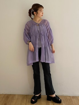 「w closet（ダブルクローゼット）のアイテム（シャツ/ブラウス、パープル系）」を使った、washikitaさん（レディース・153cm）の夏コーディネート