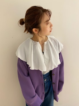 「w closet（ダブルクローゼット）の12Gポリニジュウスカーディガン（カーディガン/ボレロ、パープル系）」を使った、washikitaさん（レディース・153cm）の秋コーディネート