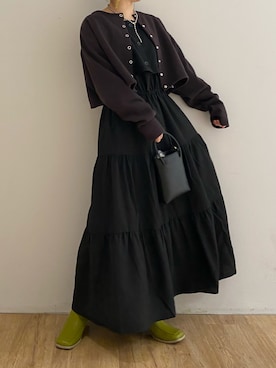 「w closet（ダブルクローゼット）のスエットクルーショートカーディガン（カーディガン/ボレロ、ブラック系）」を使った、washikitaさん（レディース・153cm）の秋コーディネート