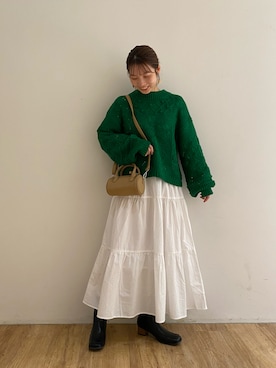 「w closet（ダブルクローゼット）の手刺繍+ポプコン付きパッチワーク編みプルオーバー（ニット/セーター、グリーン系）」を使った、washikitaさん（レディース・153cm）の秋コーディネート