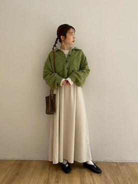 「w closet（ダブルクローゼット）の襟付きビックポケットショートカーディガン（カーディガン/ボレロ、グリーン系）」を使った、washikitaさん（レディース・153cm）の秋コーディネート