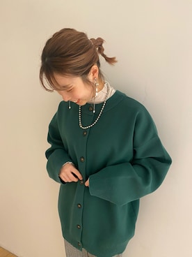 「w closet（ダブルクローゼット）の12Gポリニジュウスカーディガン（カーディガン/ボレロ、グリーン系）」を使った、washikitaさん（レディース・153cm）の秋コーディネート