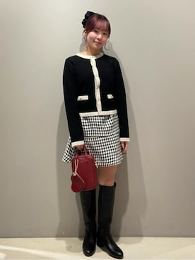 「index（インデックス）のフェザーバイカラークルーネックカーディガン【洗濯機OK】（カーディガン/ボレロ、ブラック系）」を使った、mklz_s2さん（レディース・152cm）の冬コーディネート