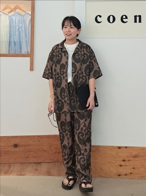 coen（コーエン） シャツ リネンライクプリントオープンカラーシャツ