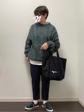「ケーブルニット」｜「アイテム（スリッポン）」を使った、napoiさん（レディース・156cm）の秋コーディネート