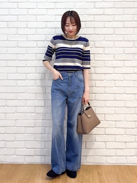 「SHOO・LA・RUE（シューラルー）の【S-LL】オンオフ着られる マルチボーダーリブニット（ニット/セーター、ブルー系）」を使った、chikaさん（レディース・160cm）の夏コーディネート